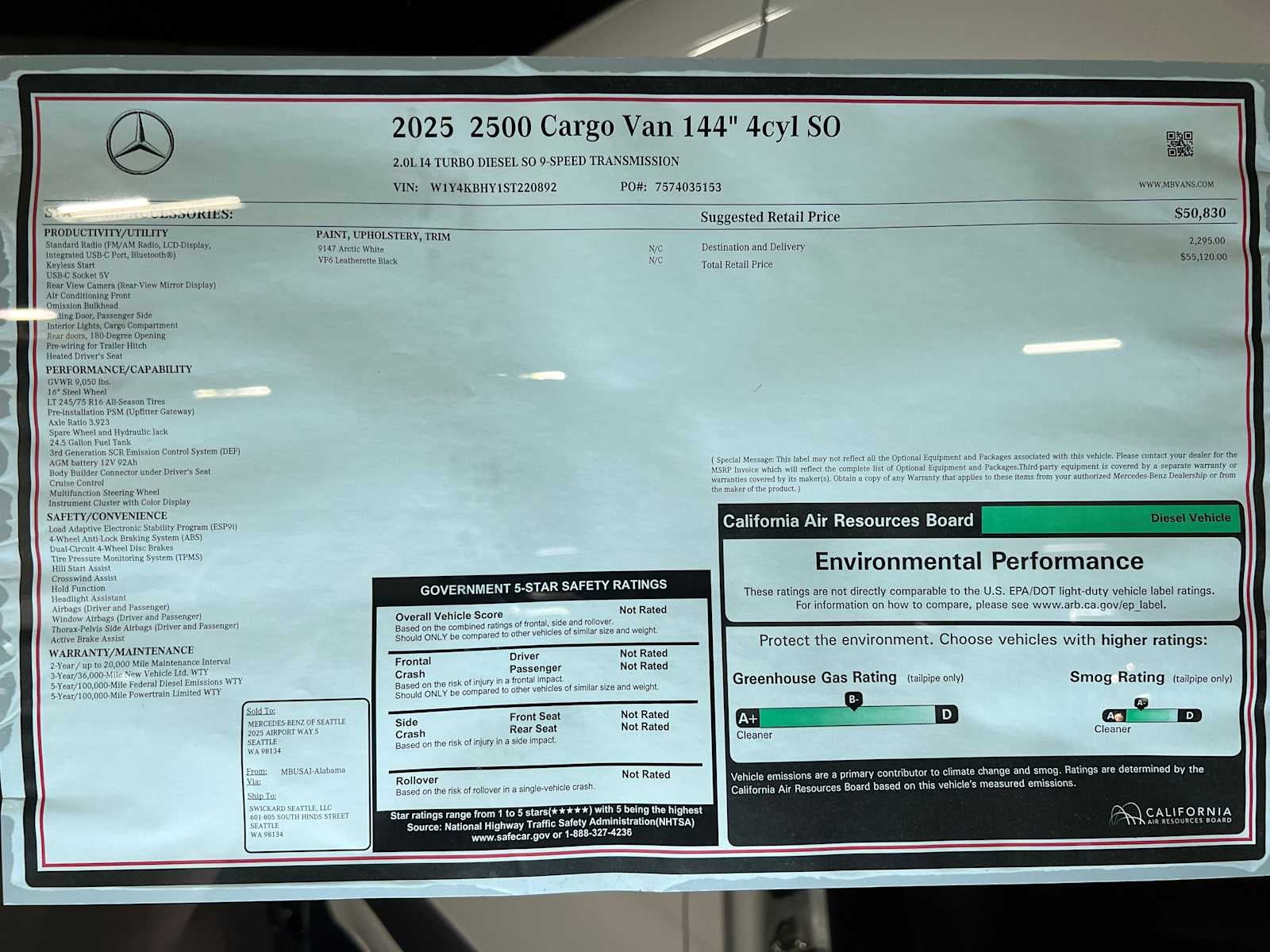 2025 Mercedes-Benz Sprinter 2500 Standard Roof I4 Diesel 144" RWD