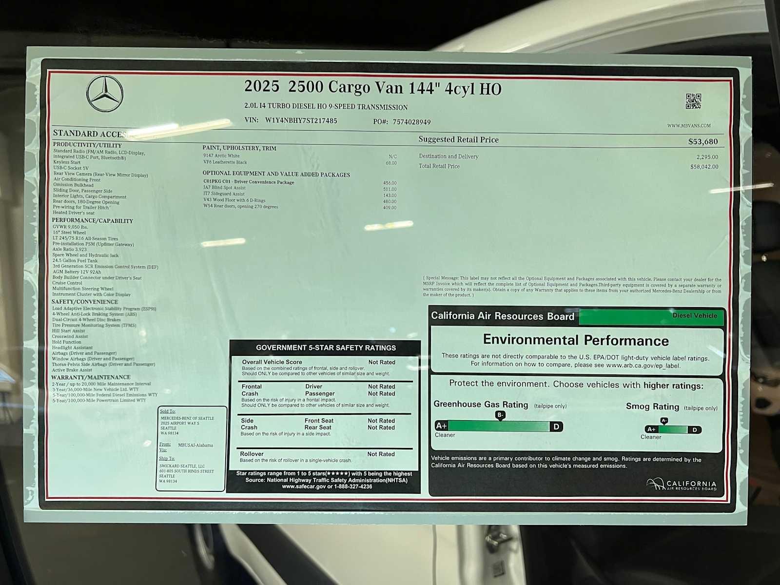 2025 Mercedes-Benz Sprinter 2500 Standard Roof I4 Diesel HO 144" RWD