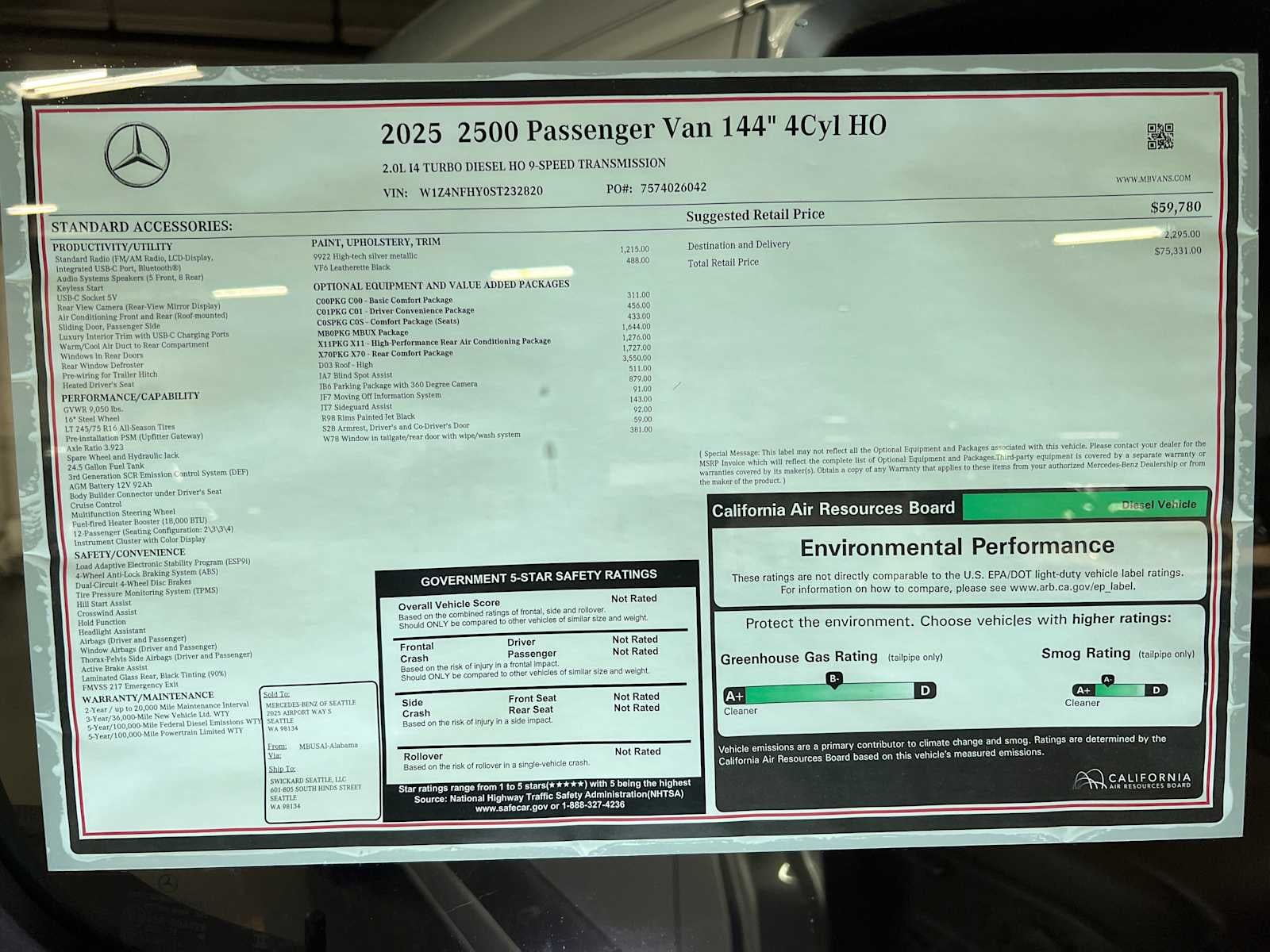 2025 Mercedes-Benz Sprinter 2500 Standard Roof I4 Diesel HO 144" RWD