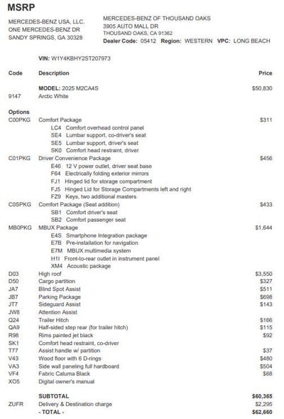 2025 Mercedes-Benz Sprinter 2500 Standard Roof I4 Diesel 144" RWD