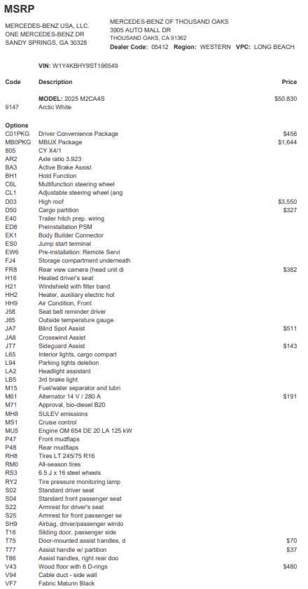 2025 Mercedes-Benz Sprinter 2500 Standard Roof I4 Diesel 144" RWD